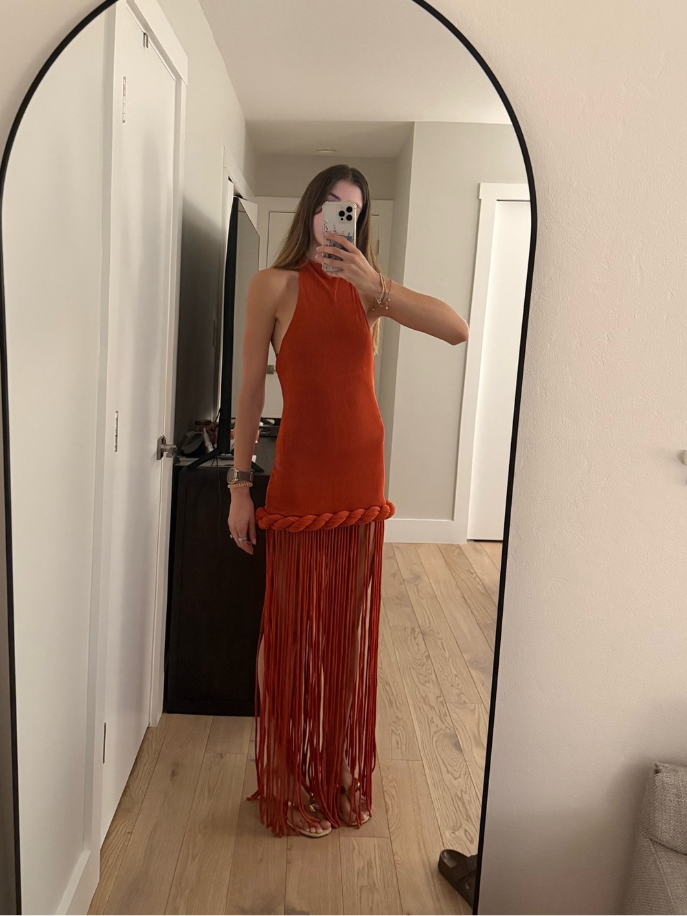High-Neck Orange Maxi Dress with Braided Fringe - Picture 3 of 4